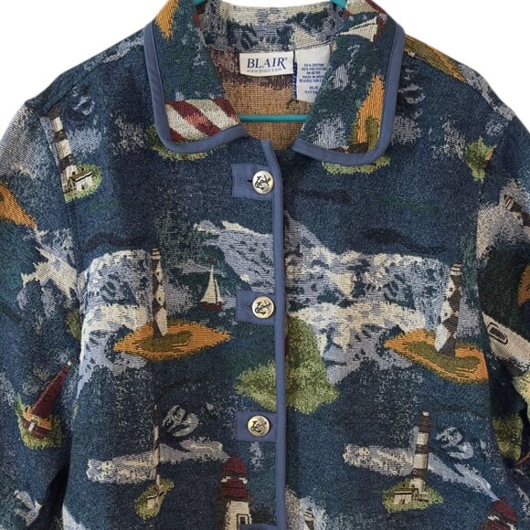 Vintage Blair Womens Woven Tapestry Lighthouse Print Button-Up Jacket Size XL - Picture 2 of 9